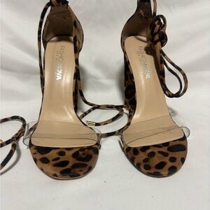 Fashion Nova Leopard Print Wrap-Ankle Clear Strap Heels - Brown/Black